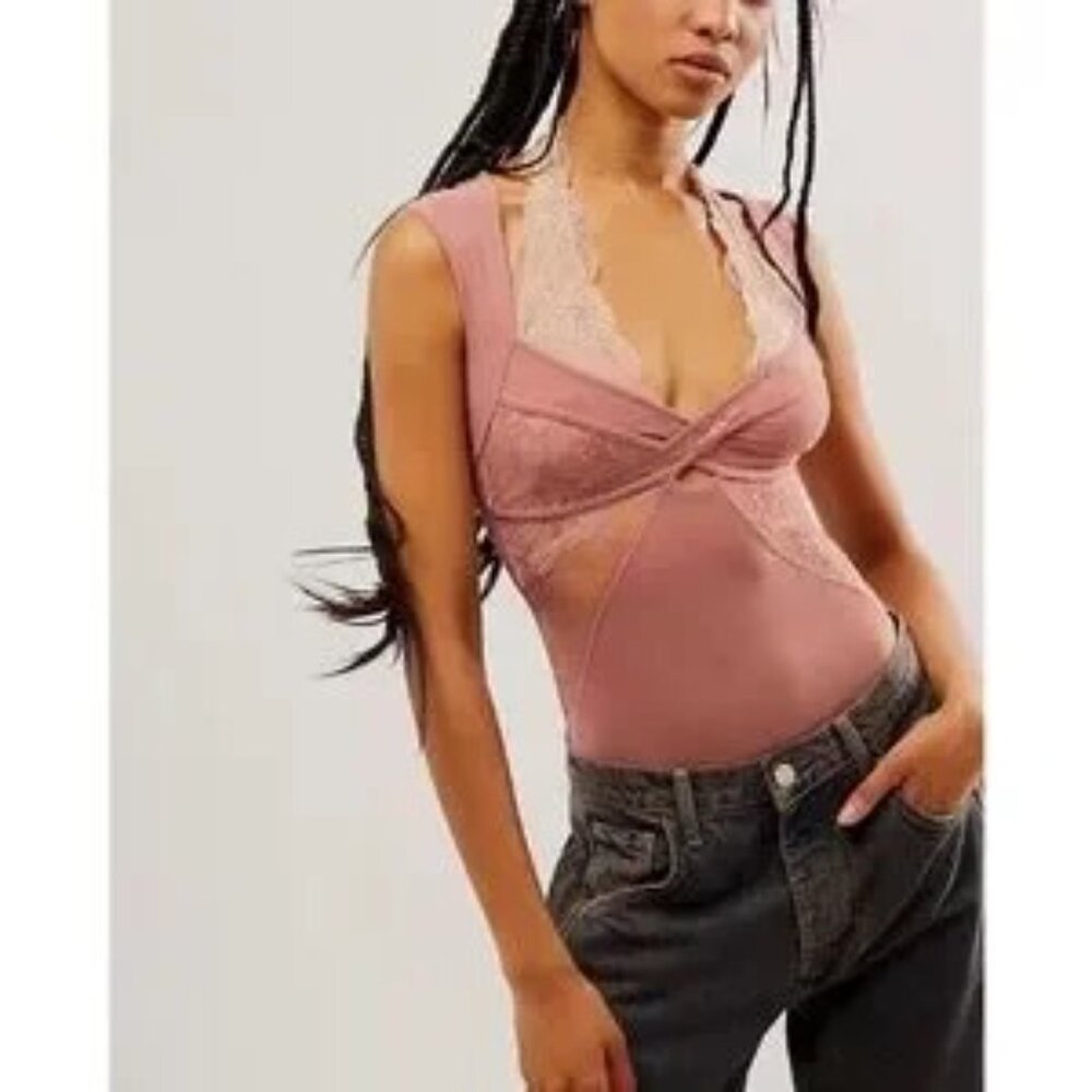 Free People Intimately Sheer Things Lace Trim Mesh Bodysuit Smoke Rose Size XL